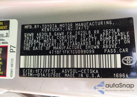 2012 Toyota Camry Se from USA, damaged, VIN 4T1BF1FK1CU099099
